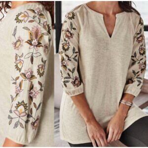 J. Jill Mix Media Floral Embroidered Sleeves Tunic Top M Tall Boho Cottagecore